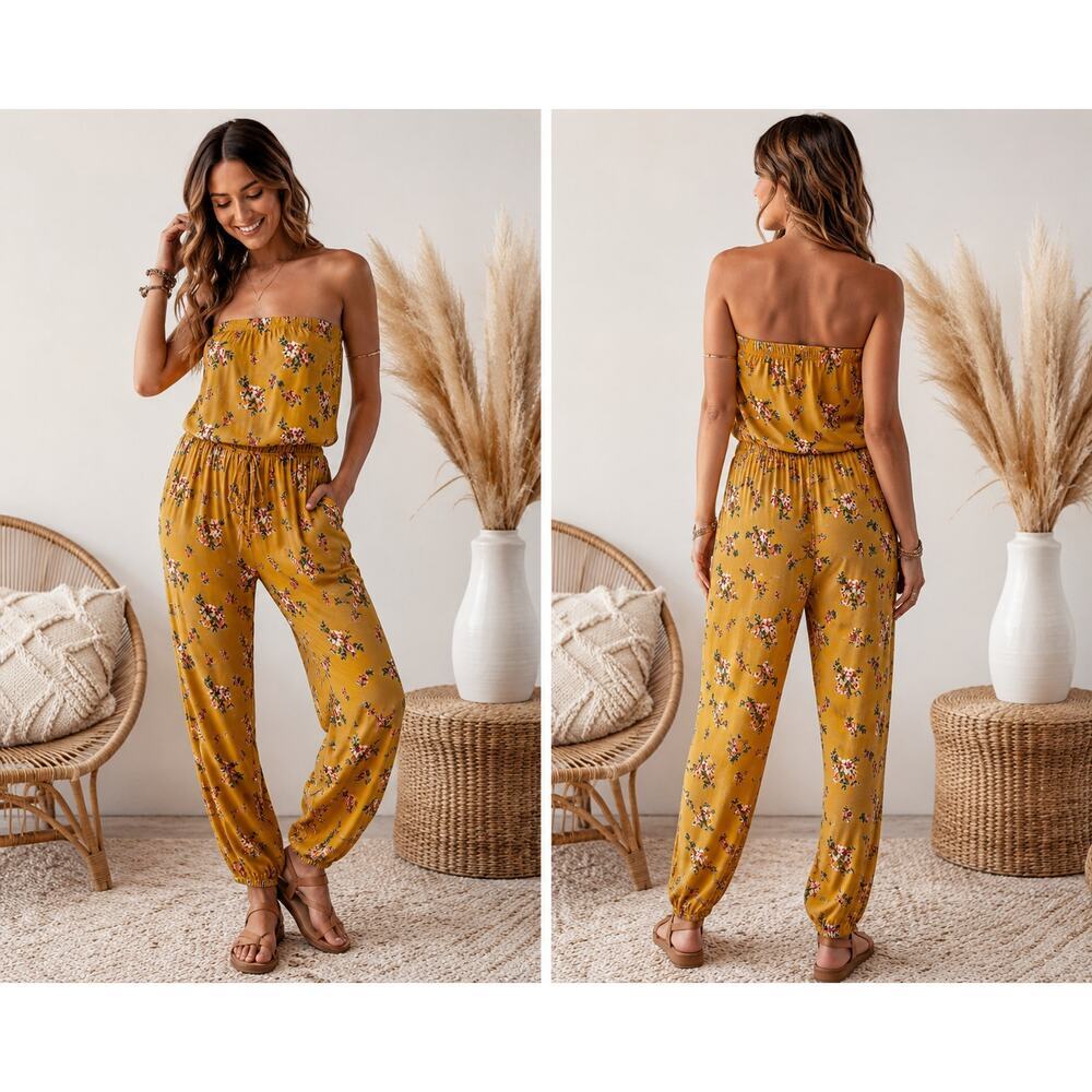 Polly & Esther Yellow Floral Strapless Jumpsuit Size L Boho Casual Lounge Outfit